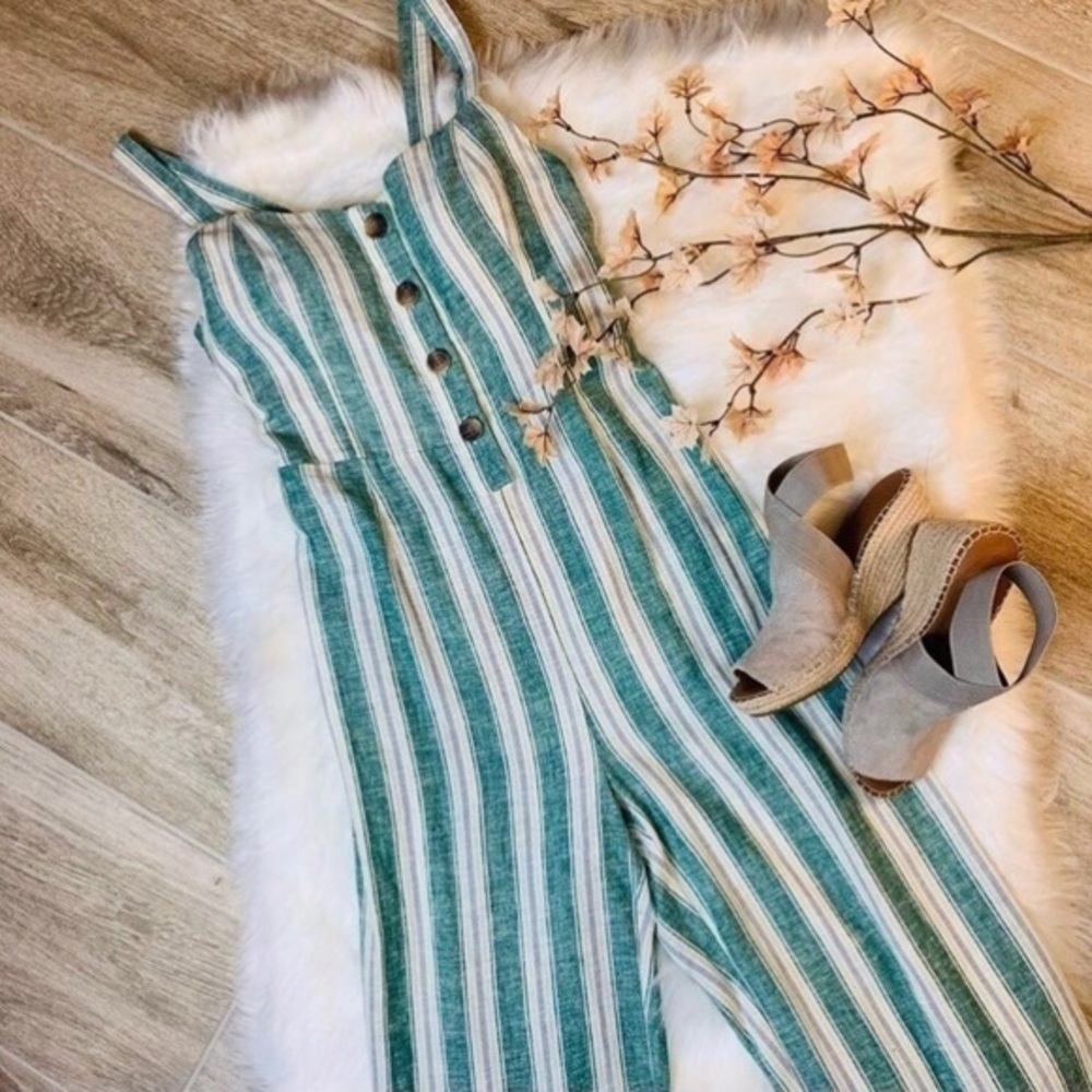 Kelly Green Vertical Striped Linen Blend Jumpsuit
